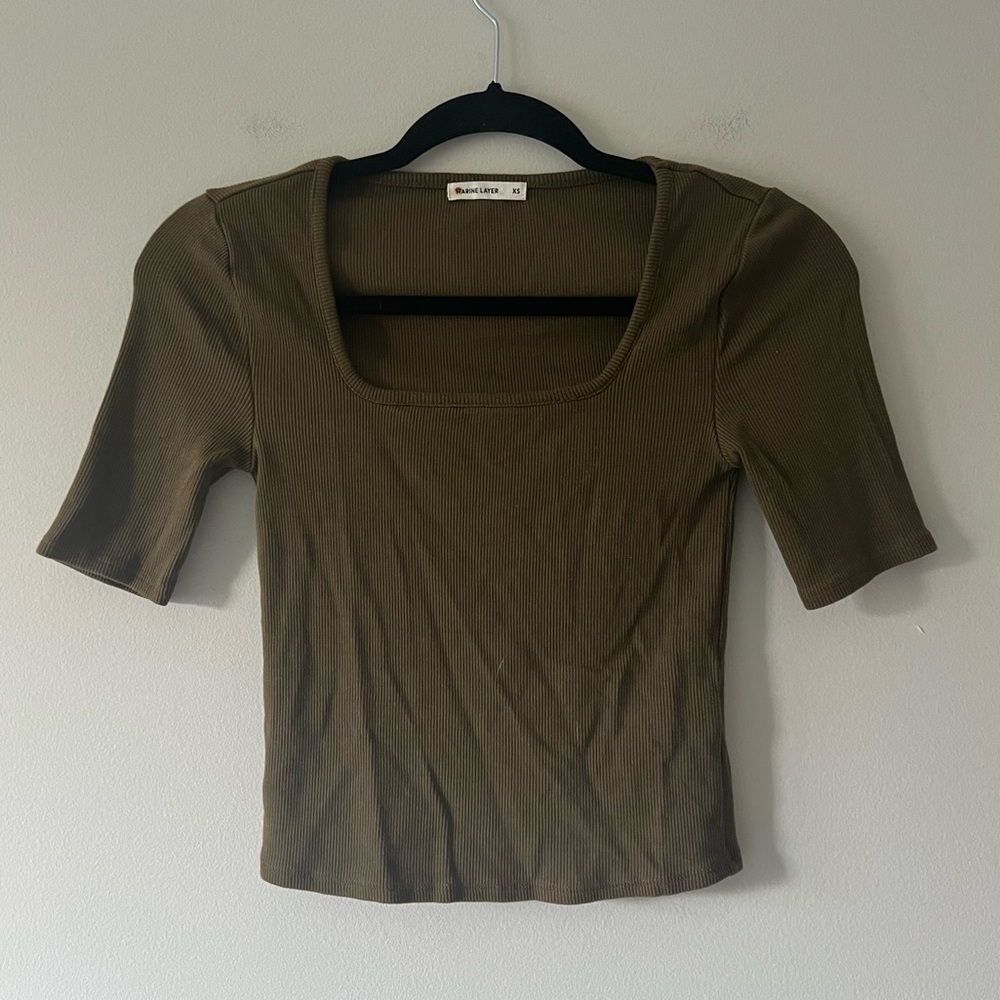 Marine Layer Ribbed Square Neck Top | Olive Green Fitted Stretch Tee | Size XS